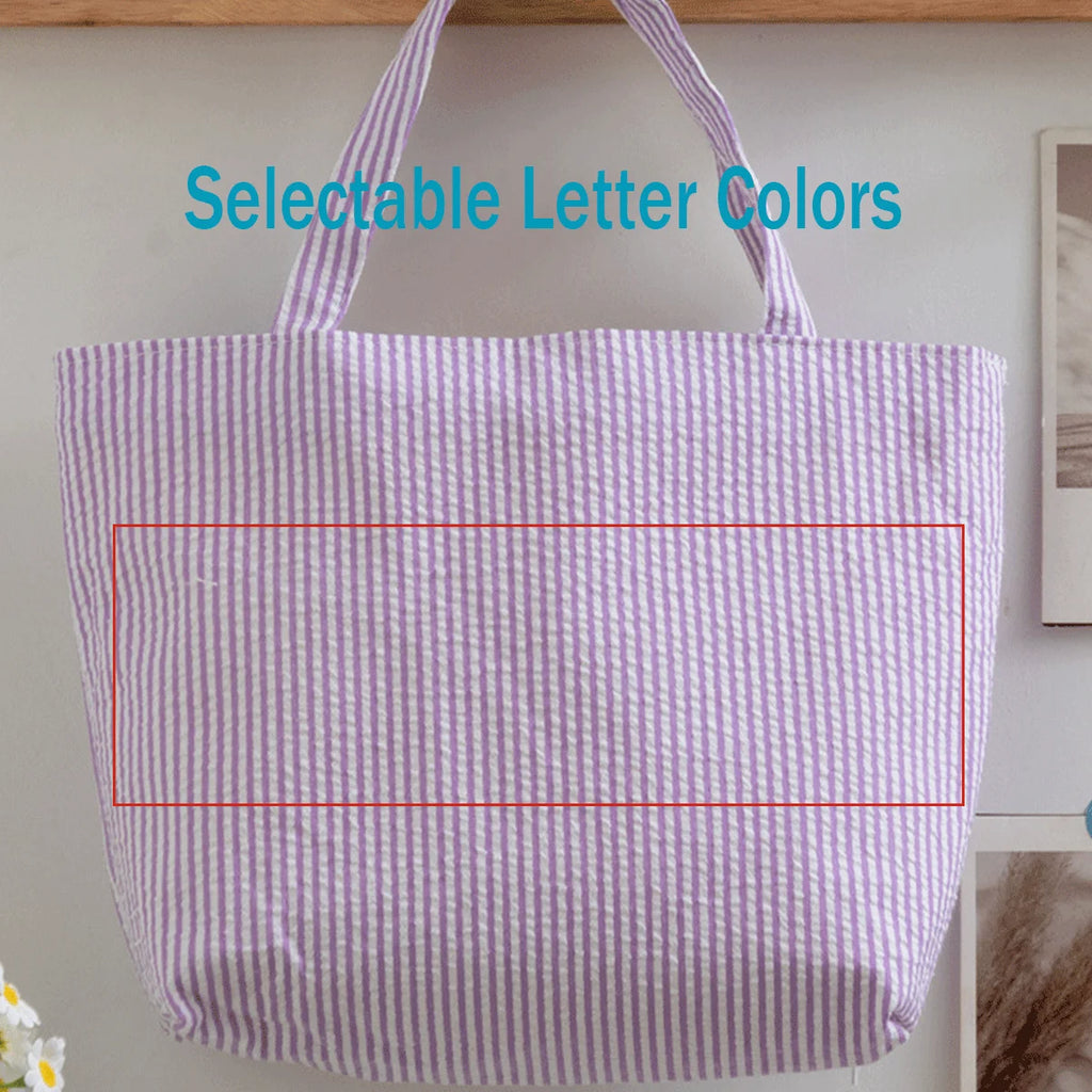 Custom Seersucker Cosmetic Handbag and Travel Organizer — Personalized Chenille Letter Toiletry Bag and Summer Beach Tote