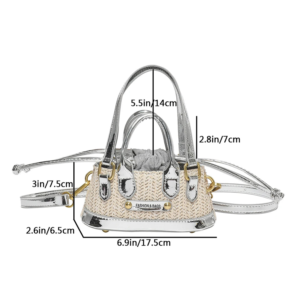 Pu Leather + Straw Handbag Clutch Bag For Women 2024 Trend Drawstring Lipstick Bag Phone Purse Versatile Mini Crossbody Bags