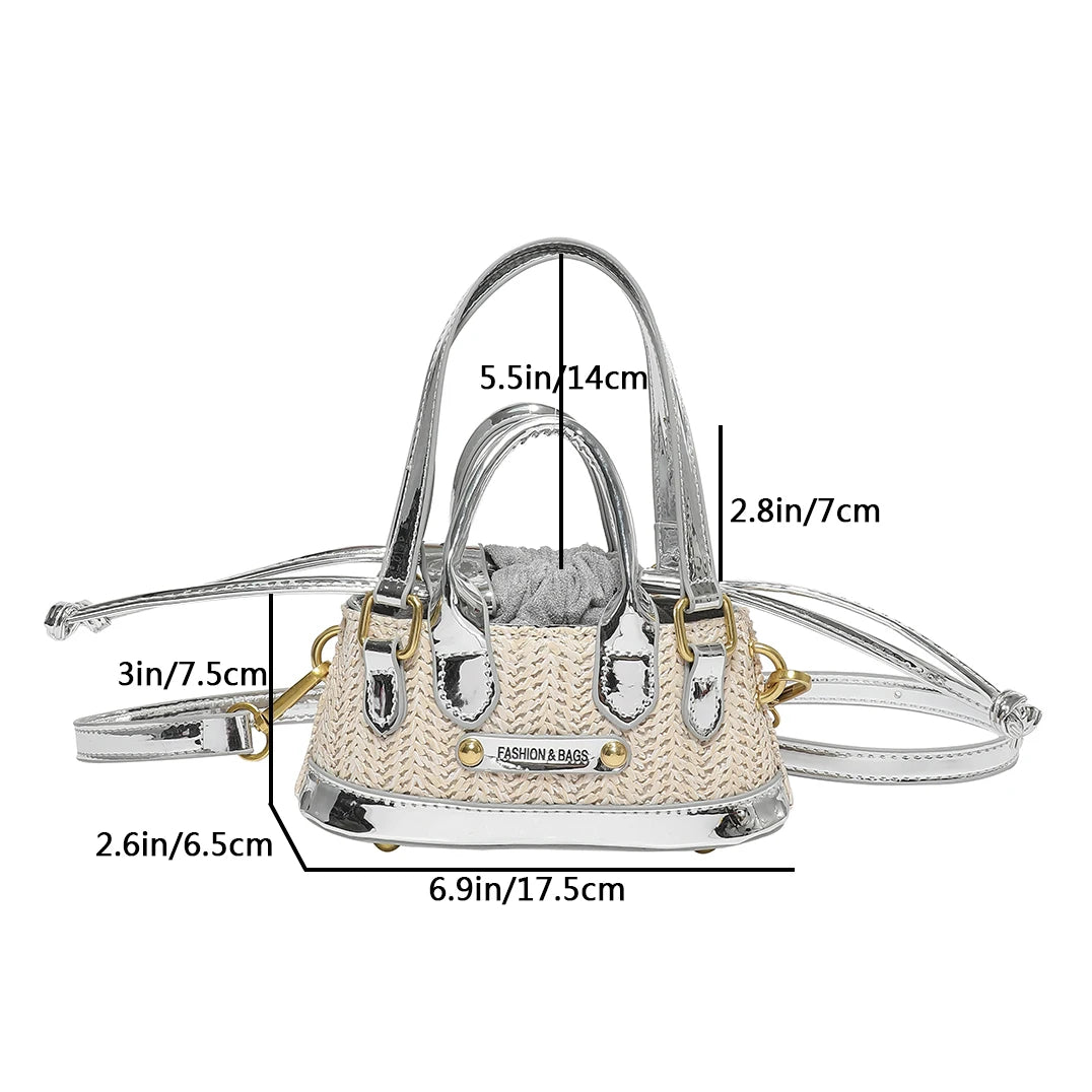 Pu Leather + Straw Handbag Clutch Bag For Women 2024 Trend Drawstring Lipstick Bag Phone Purse Versatile Mini Crossbody Bags