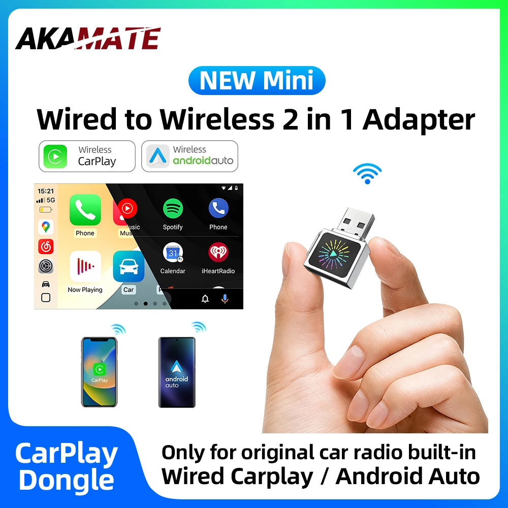 Wired to Wireless CarPlay Android Auto 2in1 Adapter Bluetooth Wifi Voice Assistant Plug and Play Mini Universal Smart Dongle