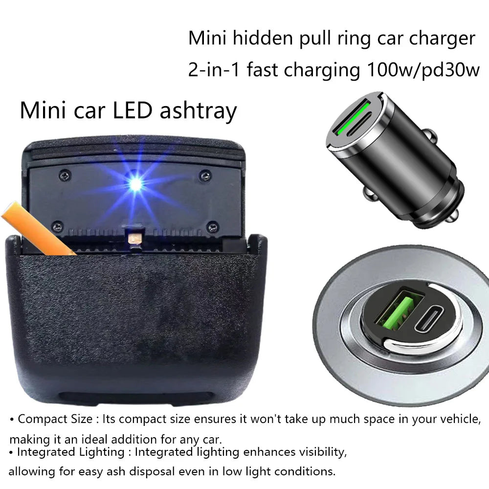2pcs/1 set Mini Car Trash Bin With Led Lights Auto Cigarette Smokeless Ash Tray Mini Car Charger USB+Type C Fast Charger Adapter