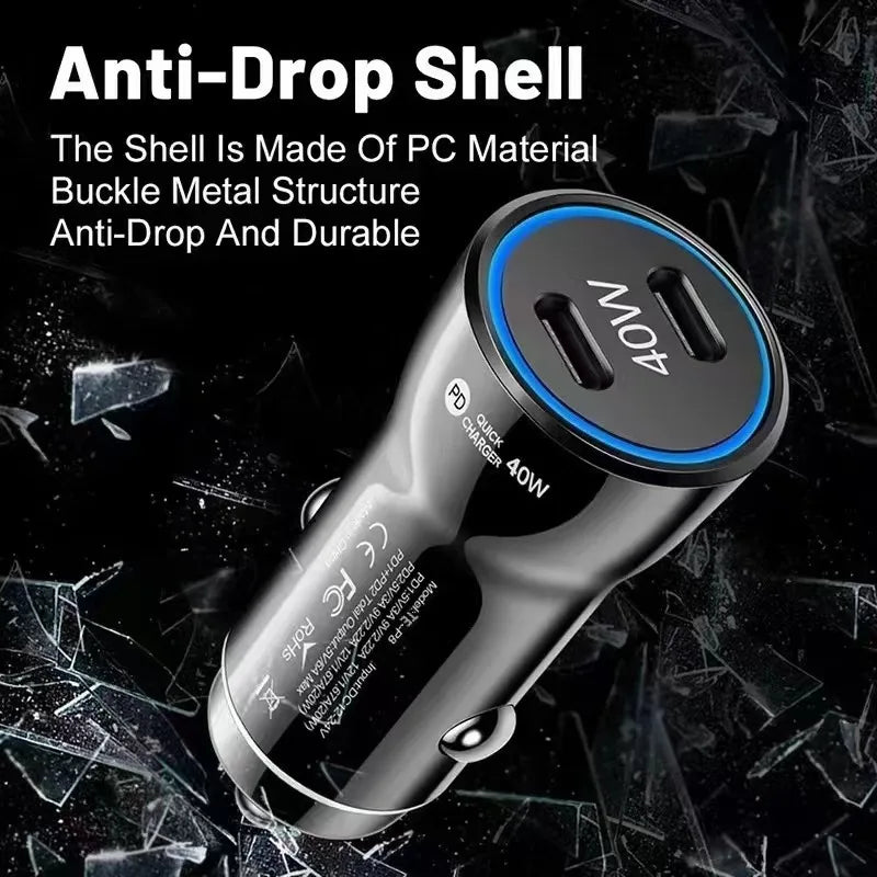 40W PD Dual USB C Car Charger, Mini Fast Adapter with Blue LED Ring For Safe Phone Tablet Dash Cam Navigation Power For iPhone