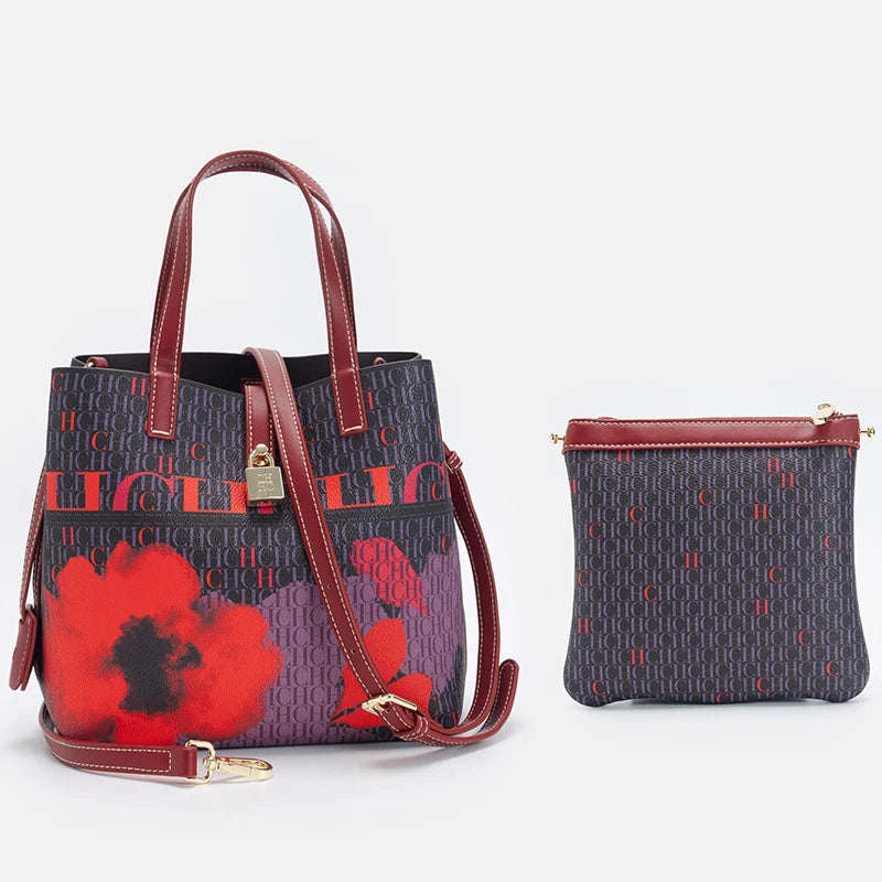 CH Letter Print Tote Bag Set 2 in 1 Large Capacity Women Handbag with Detachable Strap + Mini Clutch Casual Office Shopping Bag