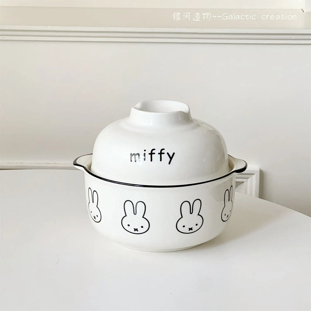 Kawaii Tableware Ceramic Rice Bowl with Lid Easy To Clean Household Use Instant Noodle Bowl Microwaveable Spoon Heating Miffy
