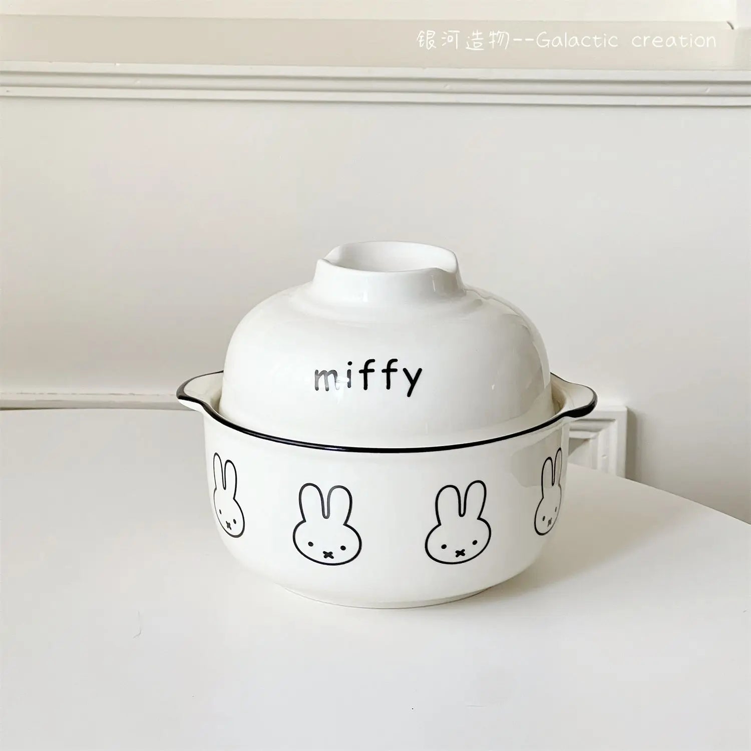 Kawaii Tableware Ceramic Rice Bowl with Lid Easy To Clean Household Use Instant Noodle Bowl Microwaveable Spoon Heating Miffy
