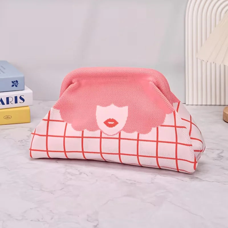 Trendy color-blocking fun lip print knitted pattern design ladies' evening banquet lightweight luxury commuting clutch