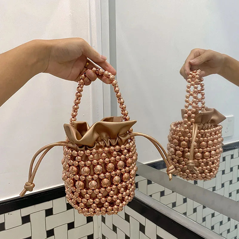 Tote Bag Trending Black Pearl Bucket Stone Purse Woman's Wedding Evening Handbag Purse