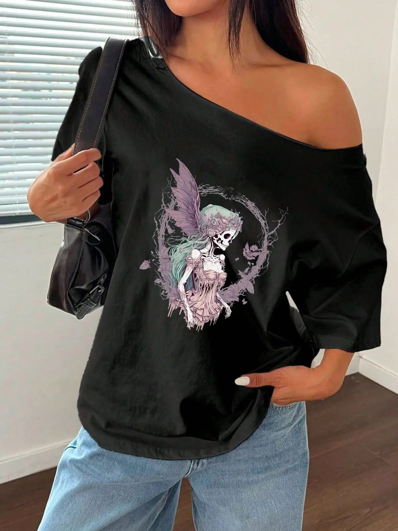 100% Cotton Plus Size Fairy Skeleton Floral Shoulder Loose Print T-Shirt Oversized Y2K Style Graphic Tees Women Tops Summer O