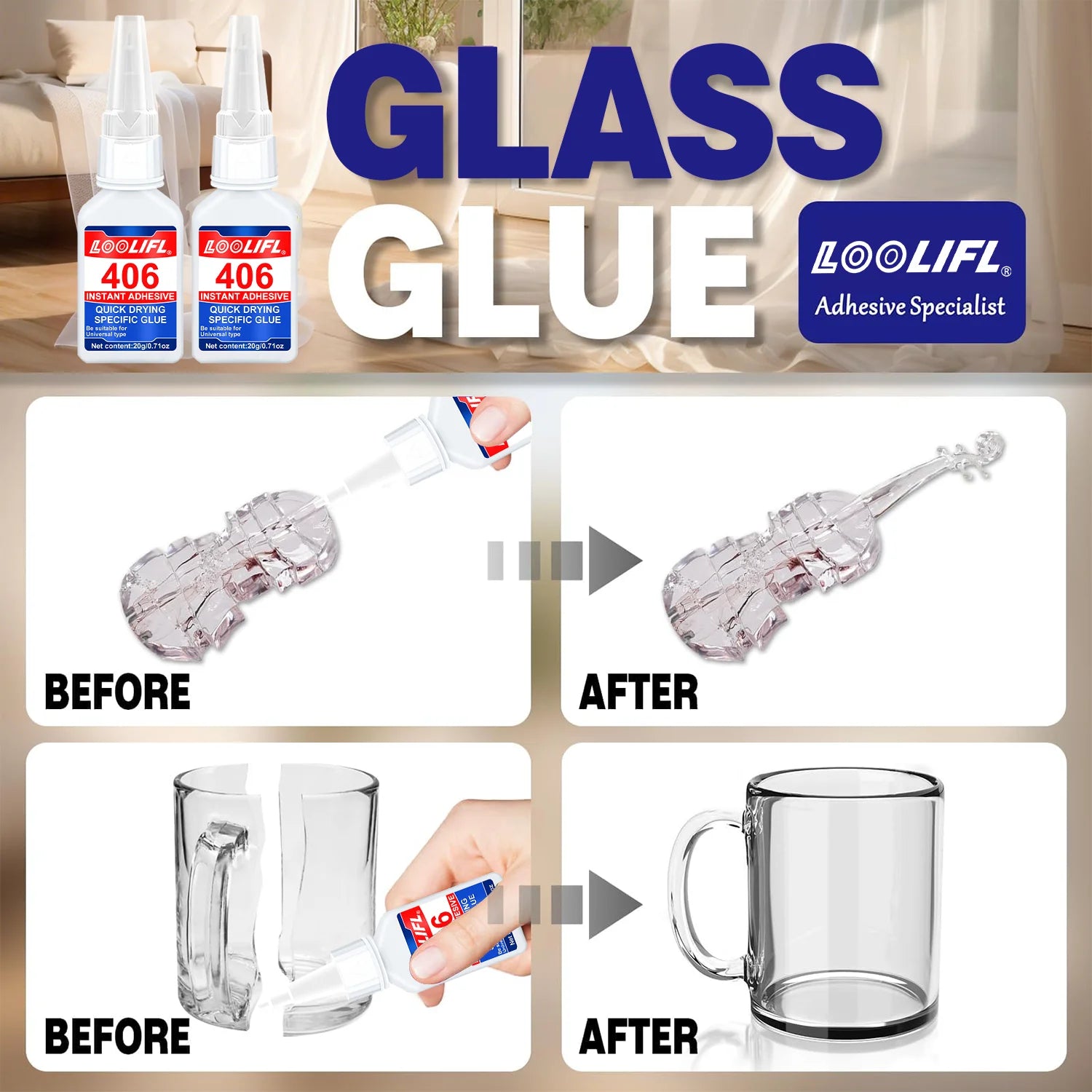 Super strong glass glue, 10 seconds curing, waterproof, high and low temperature resistant, suitable for glass and ceramics.