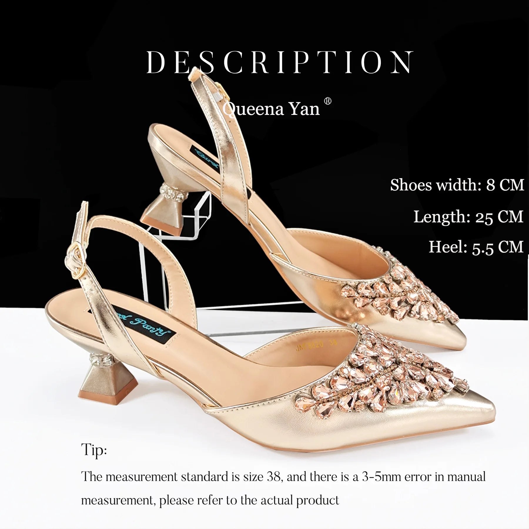 2025 Big Cryatal Italian Design African Women Shoes Matching Bag Pointed Toe Comfortable Heels for Party in Champagne Color