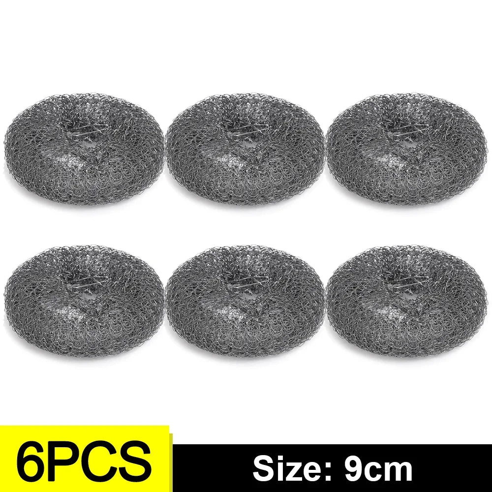 6-1Pcs Kitchen Stainless Steel Washing Brush Metal Sponge Scrubber With Handle For Dishes Pots Pans Grills Sink Cleaning Tools
