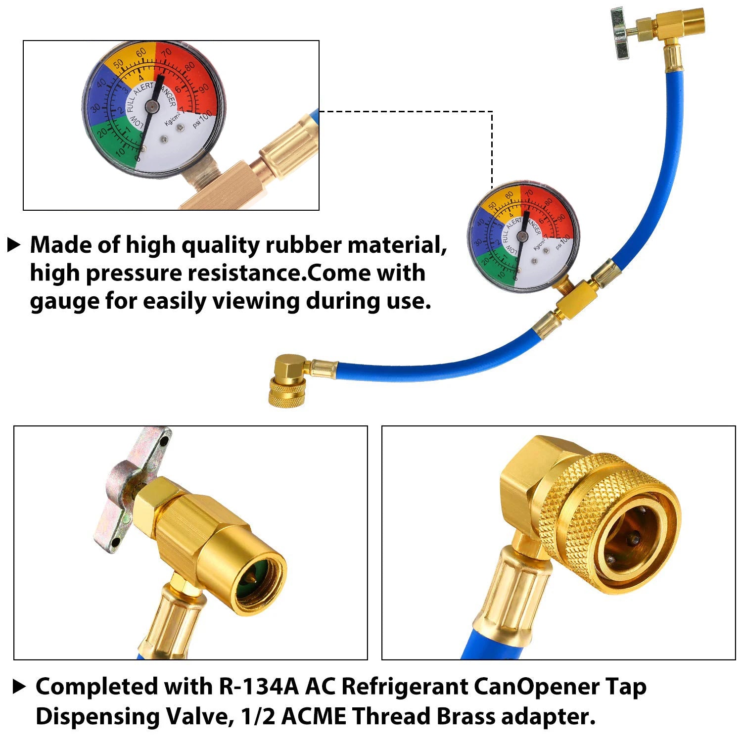 R134A Refrigerant Charge Hose Kit, 1/2’’ Self-Sealing Valve Can and Recharge Hose with Pressure Gauge for Car Air Conditioning