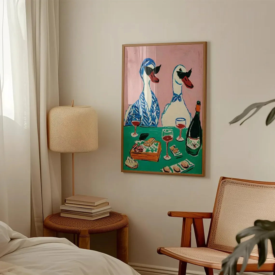 Duck Wine Party Art Print, Quirky Animal Poster, Retro Wall Art with Ducks and Wine, Fun Dining Room or Kitchen Decor