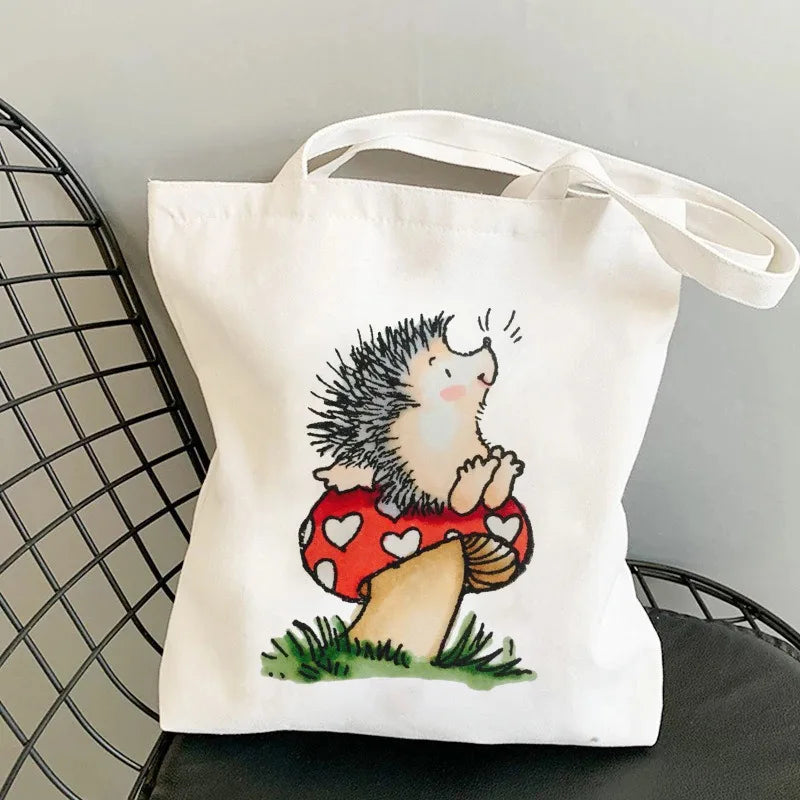 Cute Hedgehog Pattern Canvas Tote Bag With Adorable Heart Mushroom Balloon DesignsStylish Versatile Shoulder Bag For Daily Use
