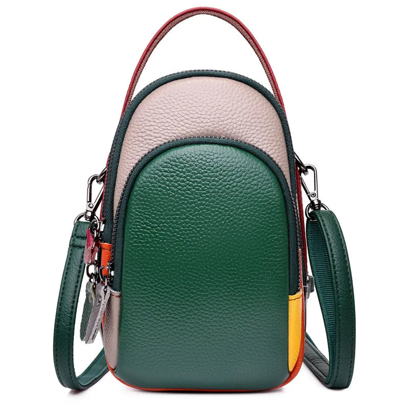 Leather mobile phone storage, hand-held crossbody bag with top layer cowhide color contrast, large capacity single-shoulder bag