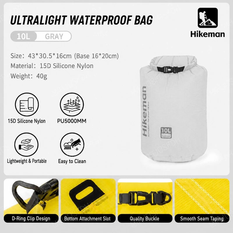 HIKEMAN Ultralight Waterproof Dry Bag Outdoor Storage Sack 15D Silicone Nylon 6L 10L 16L for Camping Hiking Travel and Swimming