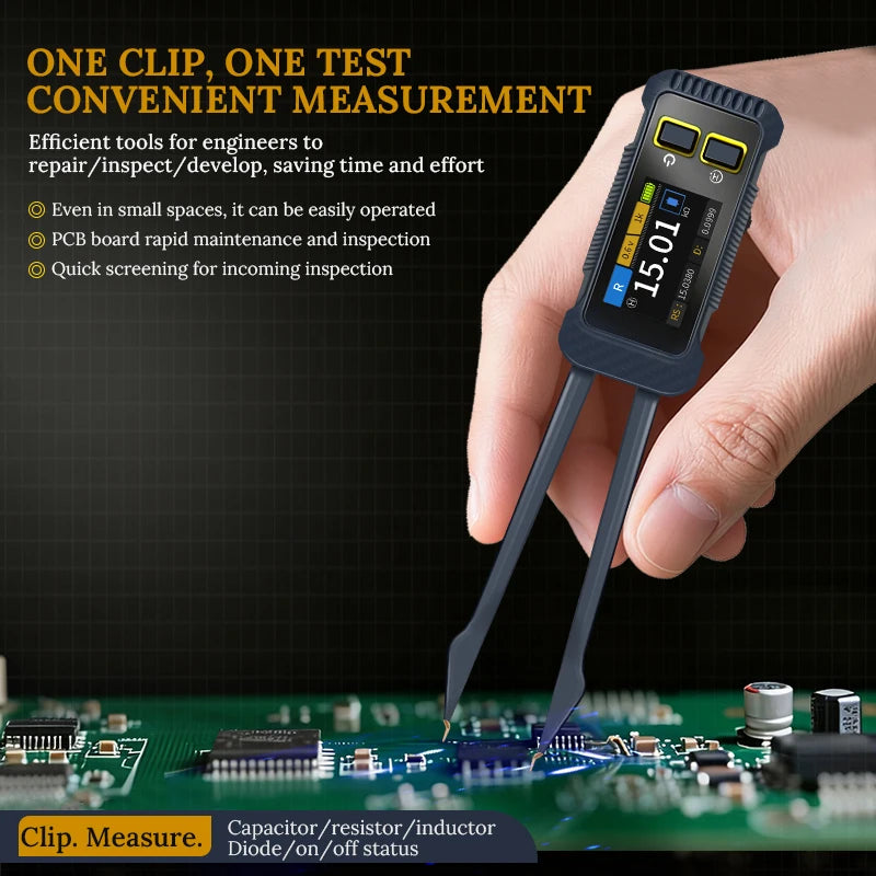 Smart LCR Bridge Tweezer Resistance Inductance Capacitance Diode Tester 100Hz/1KHz/10kHz 0.3V/0.6V Type‑C Portable Meter