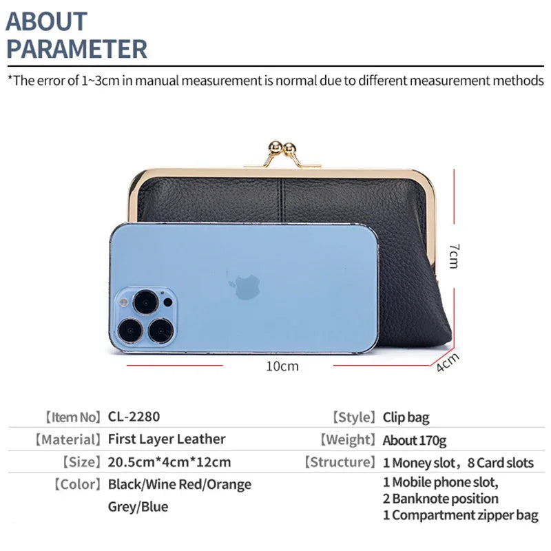 Vintage Genuine Leather Clutch Purses for Women Small Evening Bag with Kiss Lock Closure Metal Frame Long Large Clutch Wallet