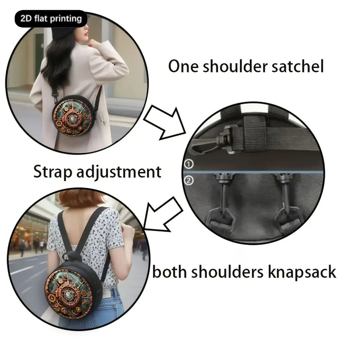 Gear Print Round Shoulder Bag Casual Messenger Bag Daily Adjustable Strap Crossbody Bag for Woman Best Gifts 2D Flat