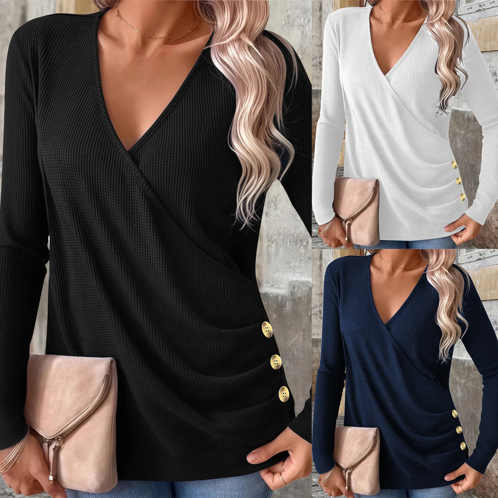Plus Size Waffle Knit T-Shirt for Women, Elegant V-Neck Button Down Long Sleeve Top, Fall Comfort Fit Blouse