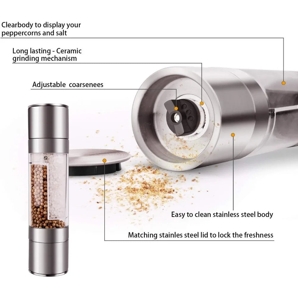 Stainless Steel Salt and Pepper Grinder 2 in 1 Adjustable Coarseness  Spice Mill  for Kitchen Outdoor Barbecue Kitchen Utensils