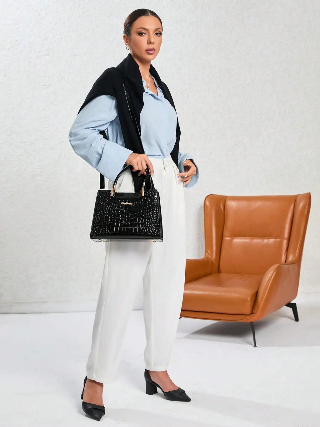 Elegant Crocodile Pattern Shiny Leather Crossbody & Top Handle Handbags, Luxury Business Casual Women Bags, Fashion Office Shoulder Bag, Creative Moth