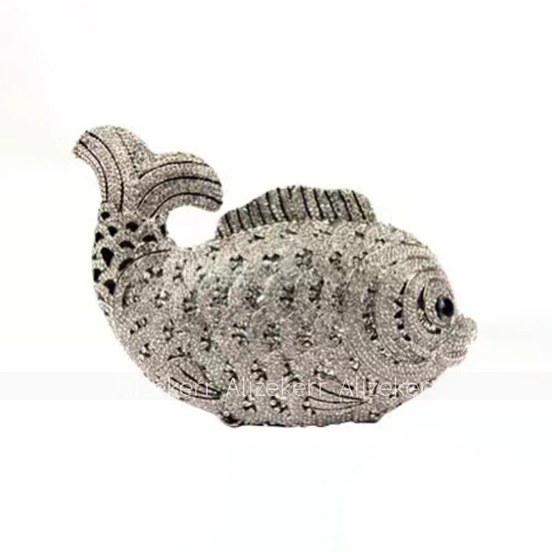 Alizekerr Goldfish Shaped Crystal Evening Bags Women Gorgeous Diamond Metallic Clutch Purses Ladies Unique Handbag Wedding Party