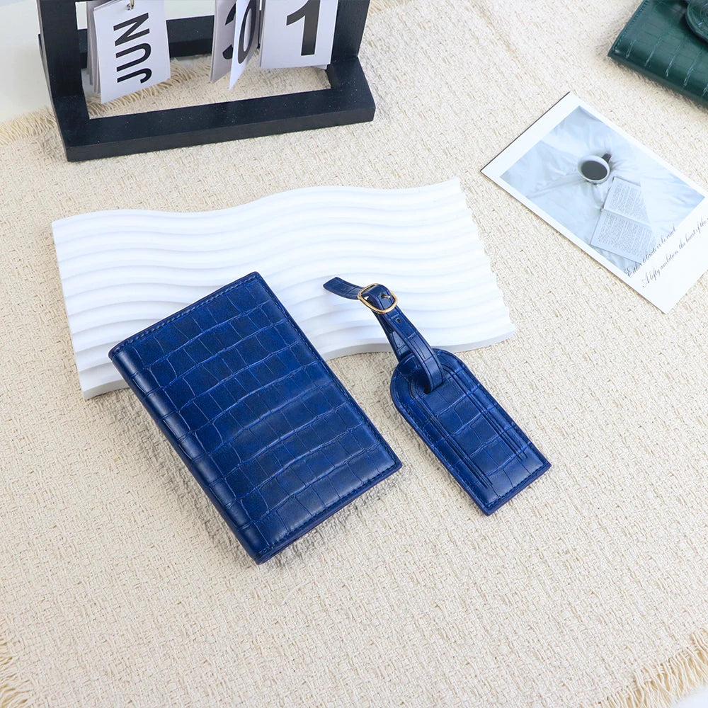 Customized Name PU Leather Crocodile Skin Pattern Luggage Tag + Passport Holder Set for Luggage Bag Accessories