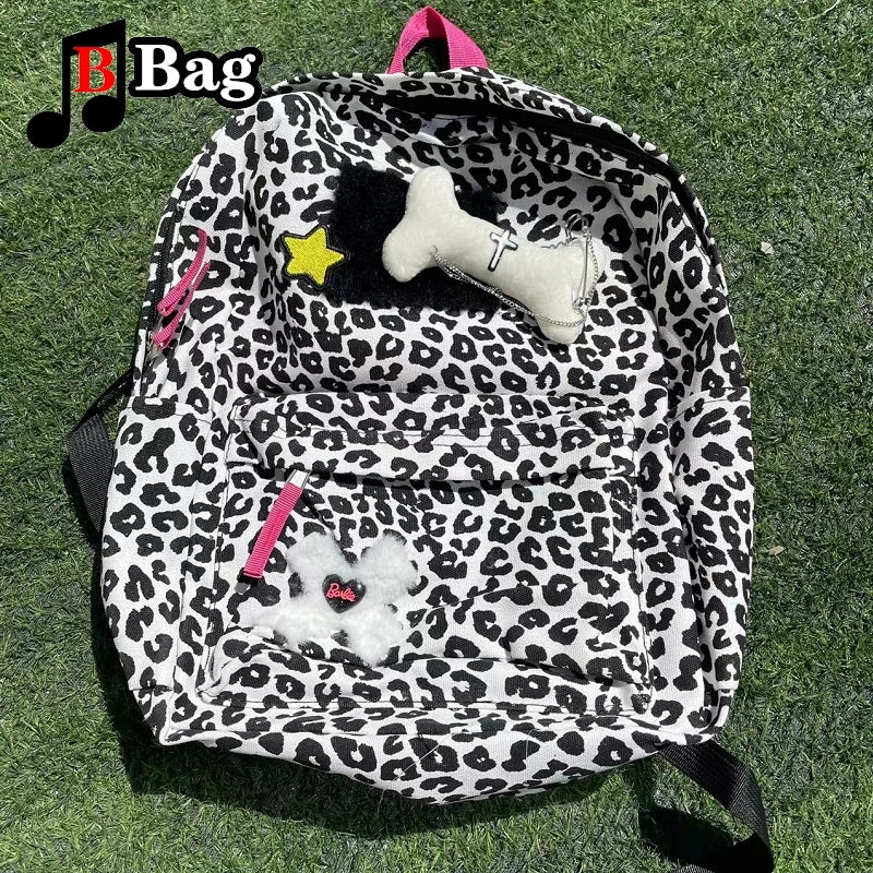 Y2K Millennial Spice Girl Schoolbag Large Capacity Commuter Leopard Vintage Versatile Campus Backpack Student woman Harajuku