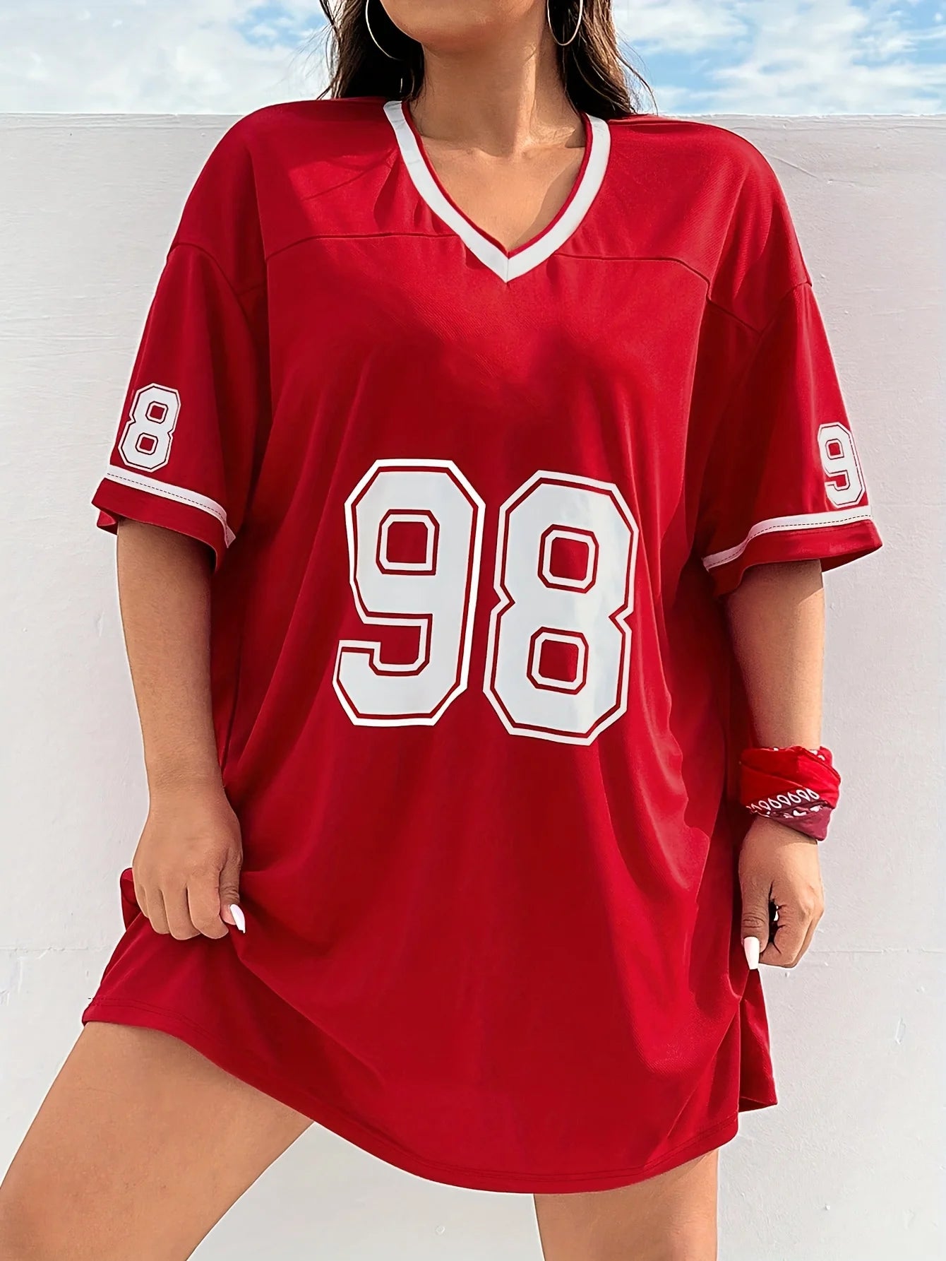 Plus Size Women's Casual V-Neck Sleeveled Vibrant Red with Bold '98' Graphic Printed T-shirt Loose Fit Summer Breathable Tee