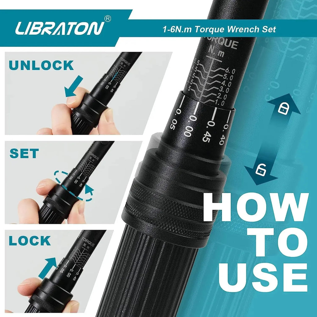 LIBRATON Bike Torque Wrench 1/4'', 1-6Nm, 0.05 Nm Micro, Torque Wrench Drive Click Torque Wrench Set Bicycle Maintenance Kit