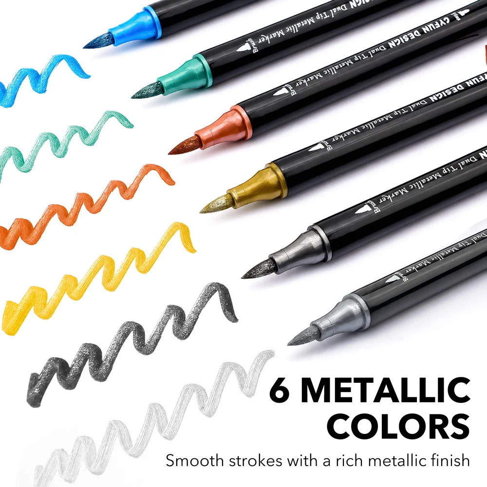 Dual-Tip Metallic Acrylic Markers 2 in1 Fine&Brush Tip Paint Pen for Black Paper,Rock Painting,Glass Craft,Card Making Scrapbook