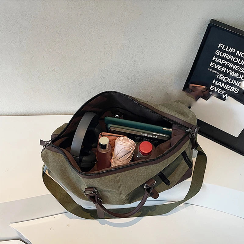 Vintage Canvas Casual Weekend Bag Travel Tote Bag Portable Large Capacity Duffel Bag With Shoe Compartment Crossbody Luggage Bag