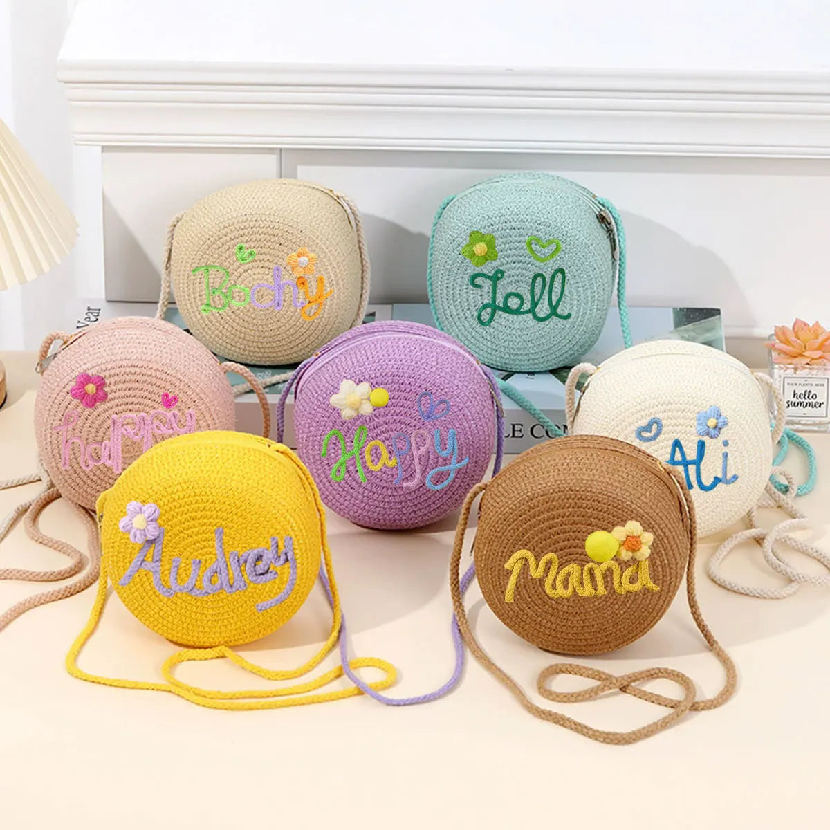 Personalized Custom Name Bag — Spring/Summer Round Straw Bag, Women's Beach Bag, Casual-Style Crossbody & Handbag