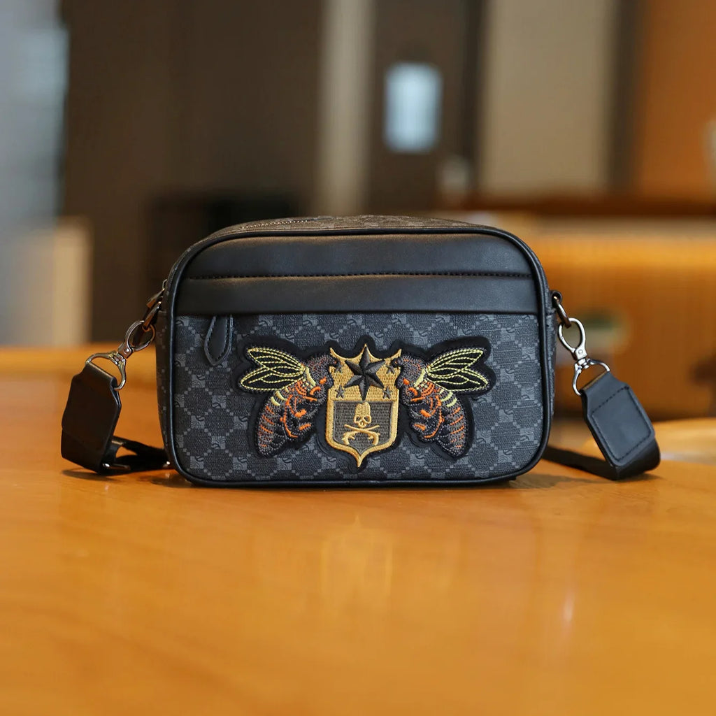 Men's Crossbody Bag Bee Embroidery Shoulder Bag Woman/Man Outdoor Commuting Business Satchels Waterproof PU Slide Men Bags