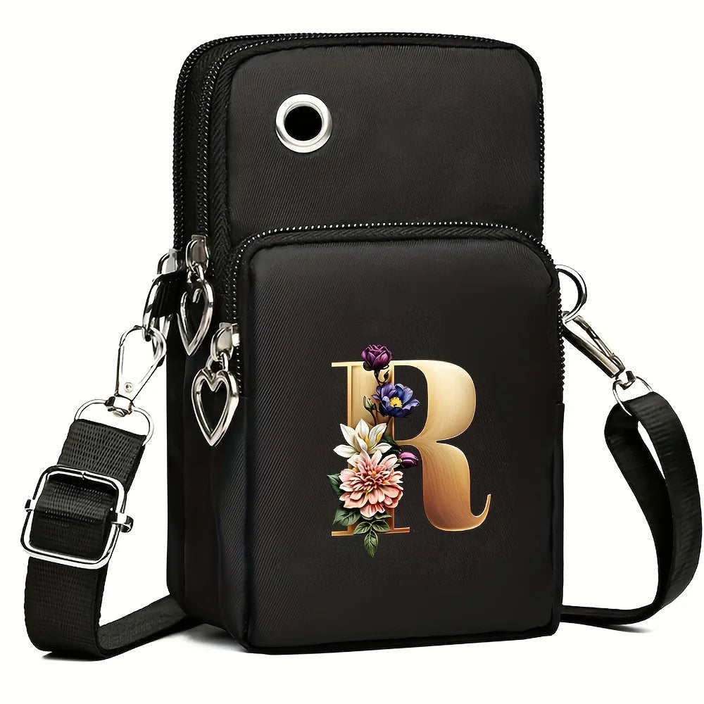 Fashion A-Z Letter Print Women's Crossbody Bag Large Capacity Three-Layer Zipper Phone Bag Daily Travel Coin Purse