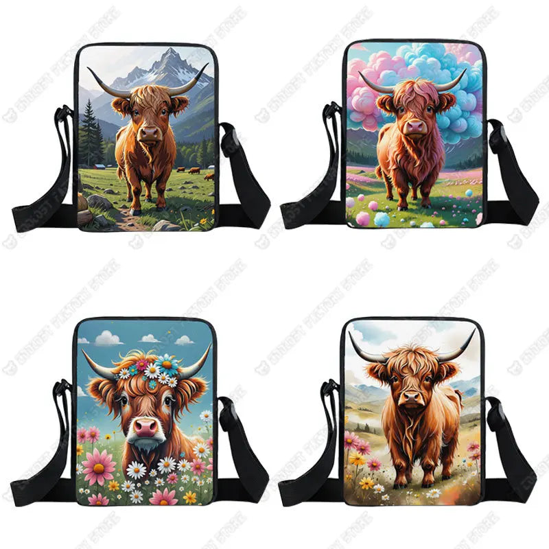 Scottish Highland Cows Print Crossbody Bag Highland Cow Sunflower Women Handbag Key Money Phone Holder Messager Shoulder Bag