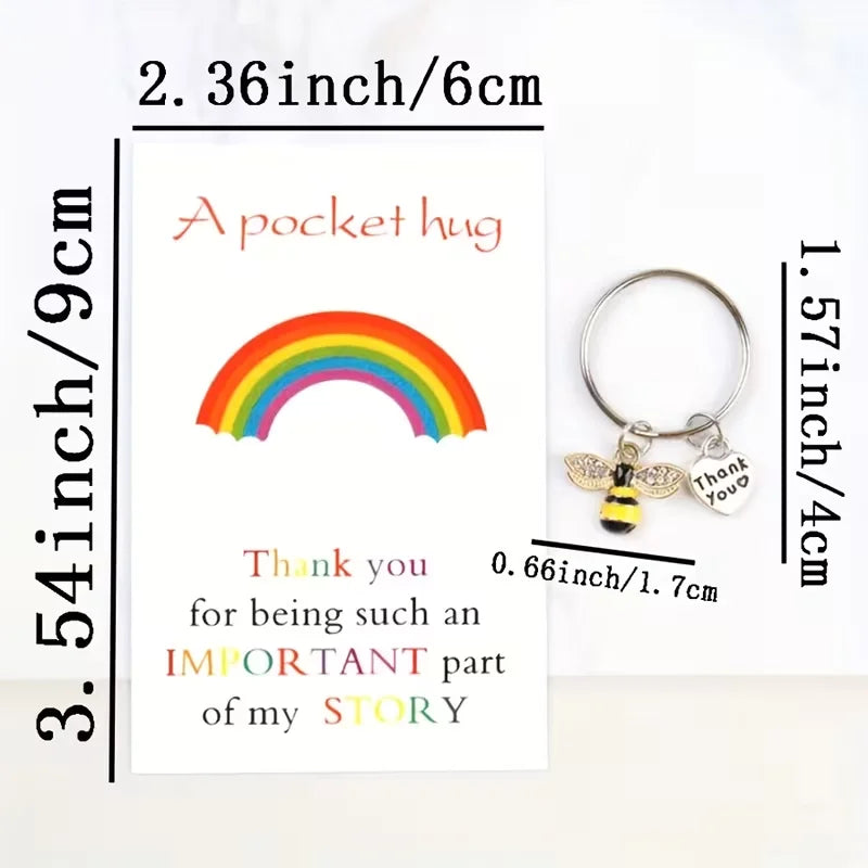 10 Bee-Themed Thank You Cards with Keychains, Perfect for Birthdays, Weddings, Teacher's Day, Graduation Ceremonies, and Back-To-School Season, Featuring a Hug Symbol and a Proud Rainbow Design on the Cards — an Ideal Gift