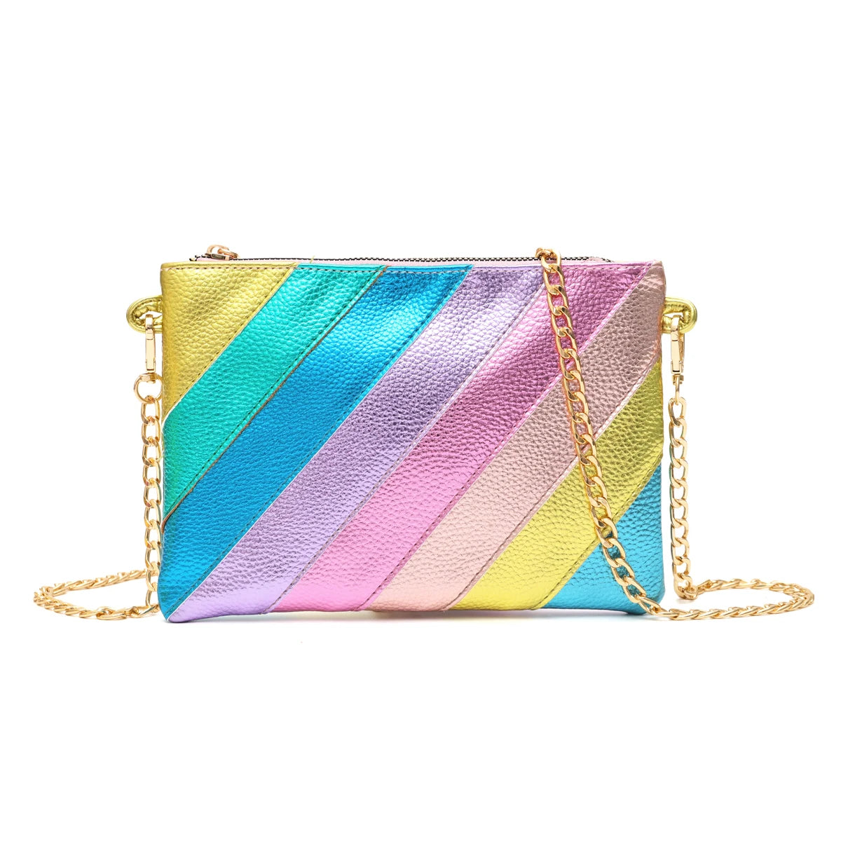 Luxury Funky Metallic Color Stripes PU Leather Handbag Women's Square Clutch Metal Chain Cross body Purse Fashion Y2K Party Prom