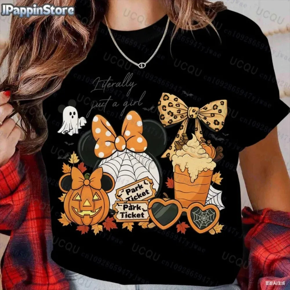 Pumpkin Mickey Halloween Short Sleeve Summer Sport Casual Women's Clothing Streetwear Classic Creative Pullover Y2K Streetwear