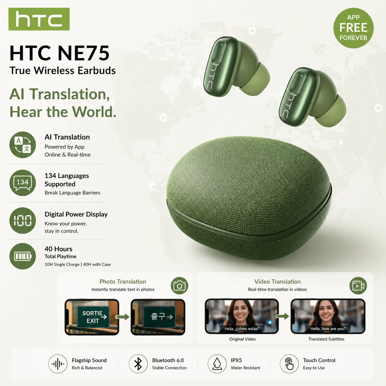 HTC NE75 Wireless Headphones 135 Language AI translator Earbud Low Latency Battery Display Long Battery Soft Bluetooth Earphones