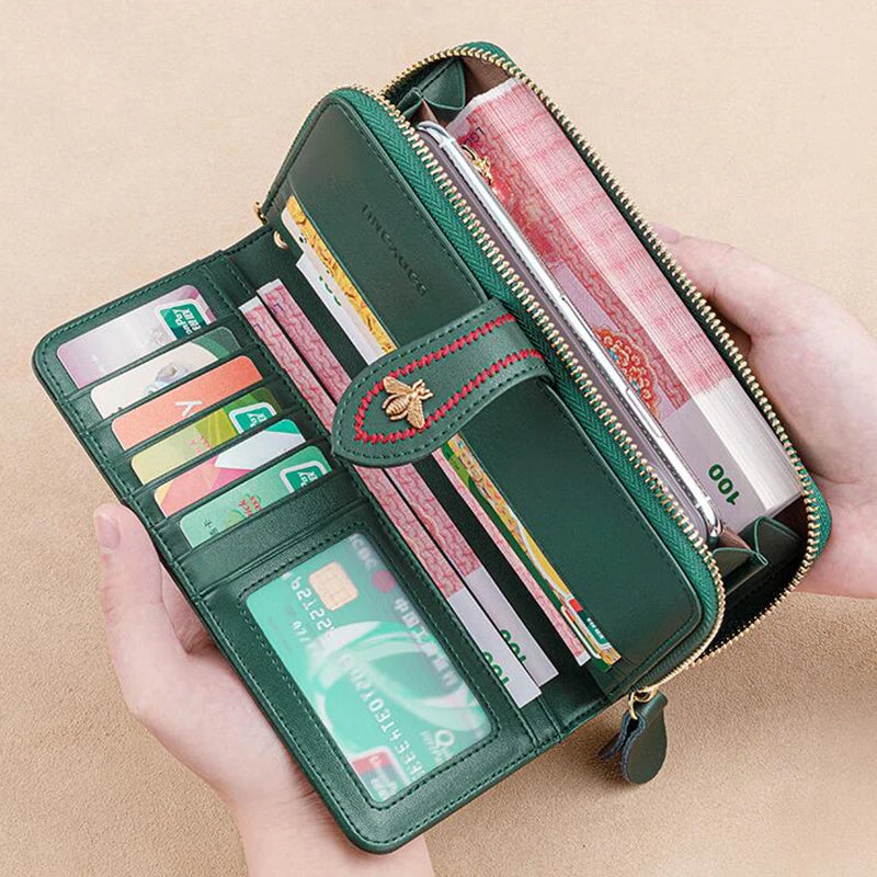 Genuine Leather Wallets Women Clutch Female Purses Long Money Bag Zipper Coin Bee Luxury Brand Wristlet Phone Hasp Card Holder