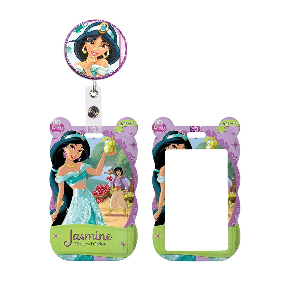 Disney Jasmine Princess Irregular Head Shape Badge Holder Lanyard Keys Chain ID Credit Card Cover Bus Card Holder Glitter Charms