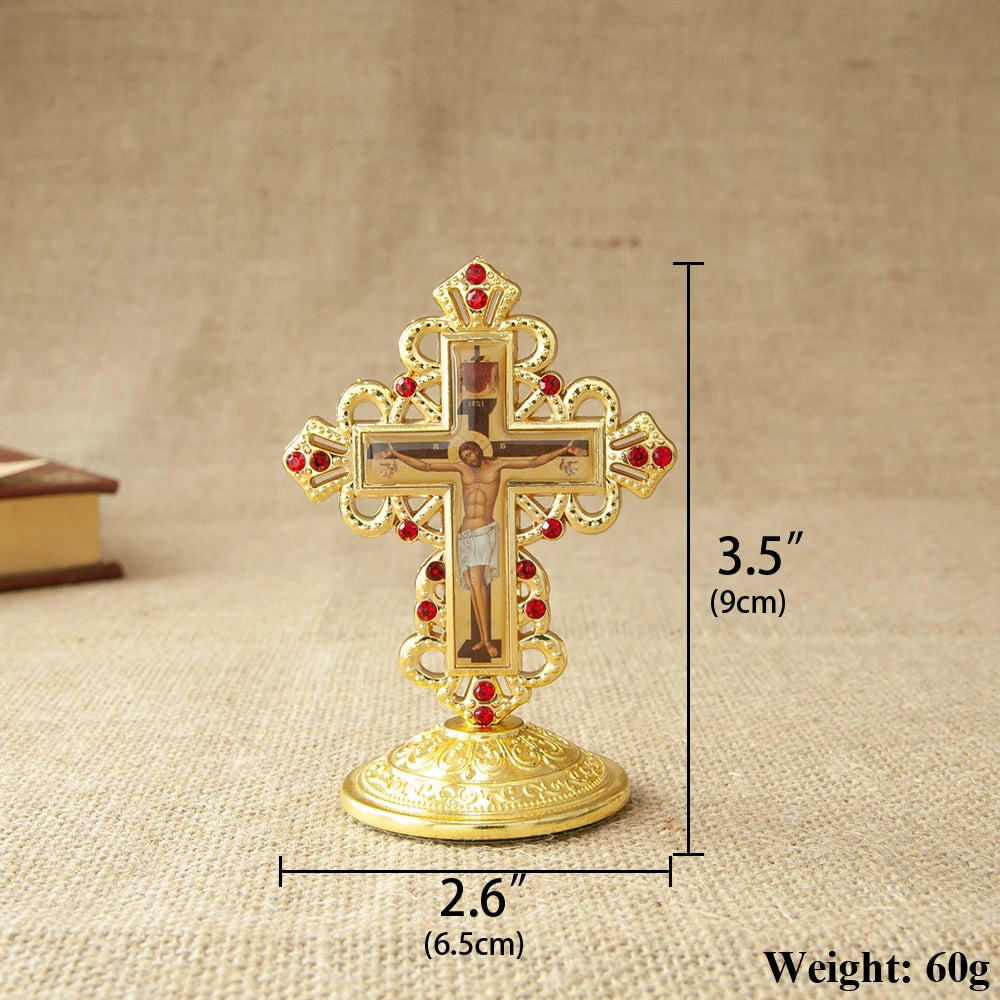 Byzantine Orthodox Standing Crucifix Gold Red Rhinestone Cross Altar Church Home Decor Jesus Icon Religious Christian Gift
