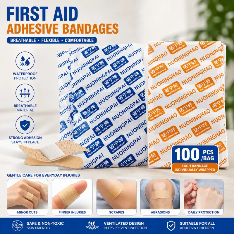 100PCS Waterproof First Aid Adhesive Bandages Breathable Wound Care Plasters Cushioned Dressings for Cuts Scratches