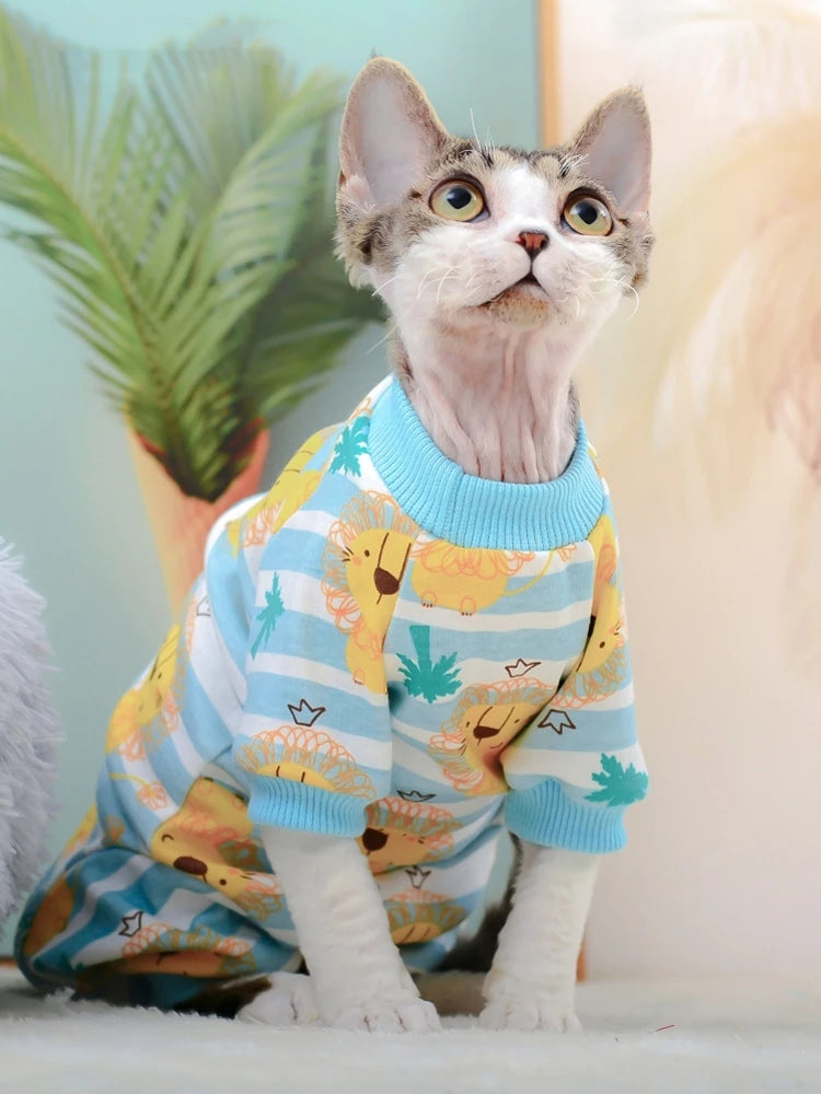 Cat Clothing 4-legged Soft  Cartoon Lion Coat for Sphynx Cat Cotton Long Sleeves Shirt for Kittens Devon Rex Blue Pink Jumpsuit