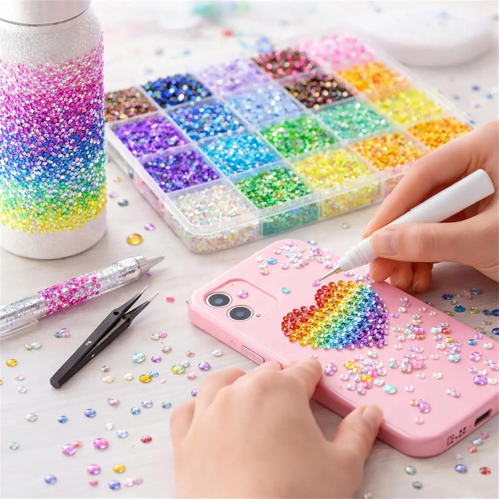 Colorful DIY Resin Rhinestone Kit Multicolor 3mm Flatback Gems with Tools and Glue for Nail Art Clothing Phone Cases Crafts