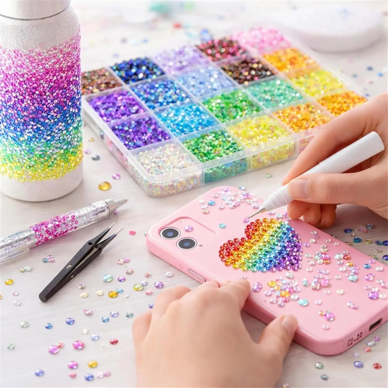 Colorful DIY Resin Rhinestone Kit Multicolor 3mm Flatback Gems with Tools and Glue for Nail Art Clothing Phone Cases Crafts