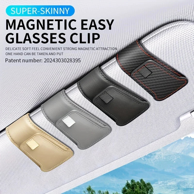 Magnetic Car Sun Visor Glasses Holder Clip - Auto Interior Accessories Universal Eyeglasses Storage Bracket with Buckle Closure