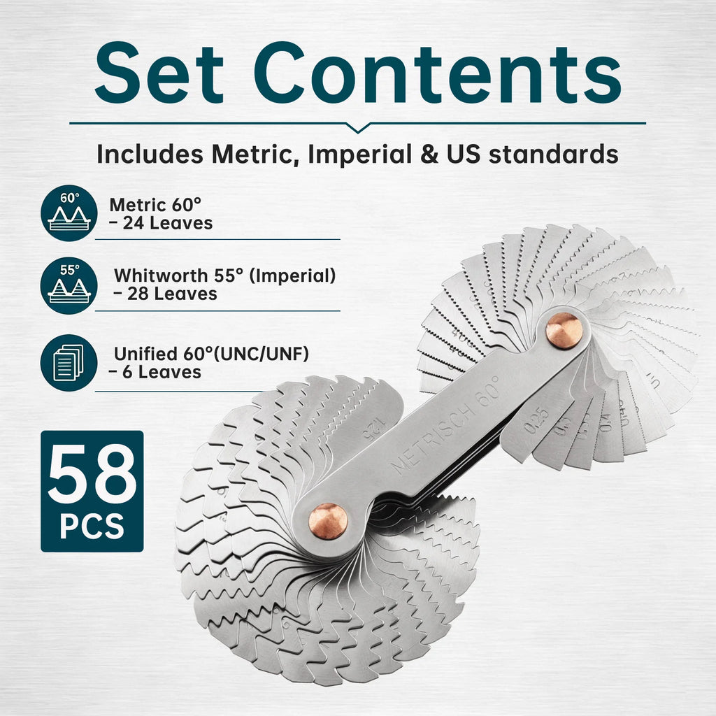 58 Pcs Blade Thread Pitch Gauge 55 60 Degree Whitworth Metric US Measuring Gage Screw Thread Pitch Gauge with Metal Nut